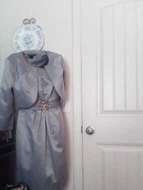 Silver Satin Dress with Matching Bolero and Jeweled Waist